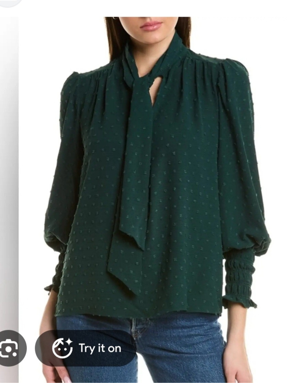 Max Studio Dark Green Tie-Neck Swiss Dot Blouse